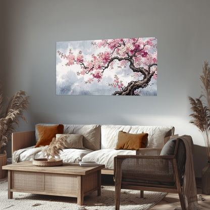 Cherry blossom tree painting poster print in a rustic living room