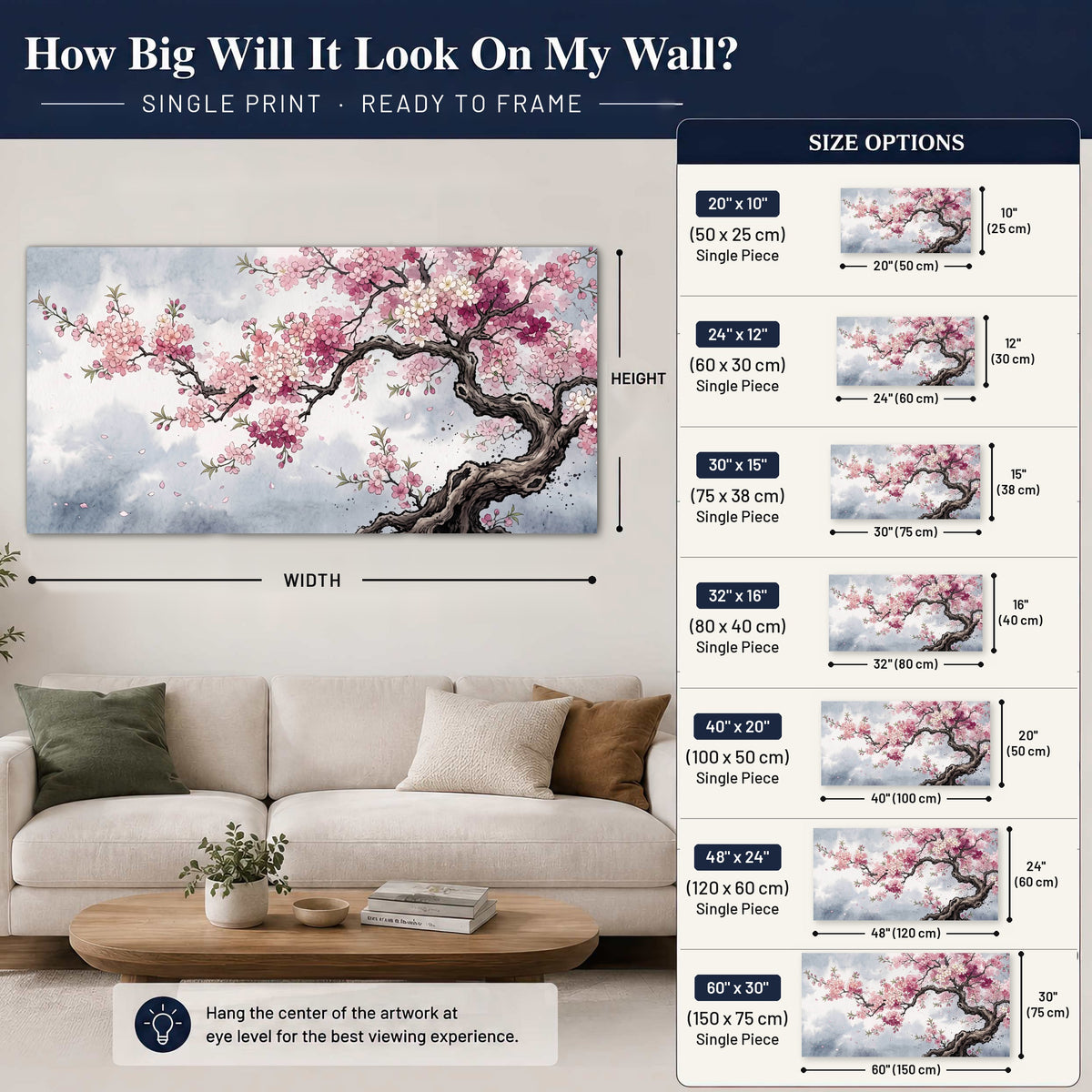 Cherry blossom tree painting poster print size guide above a sofa