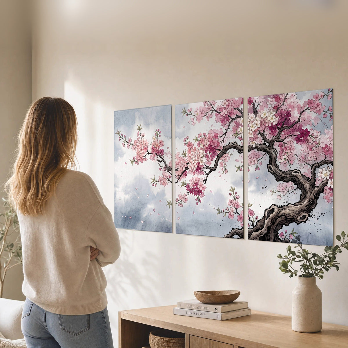 Cherry blossom tree painting set of 3 poster prints in a living room