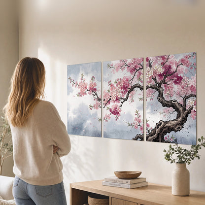 Cherry blossom tree painting set of 3 poster prints in a living room