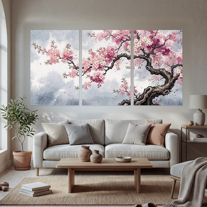 Cherry blossom tree painting set of 3 poster prints in a bright living room