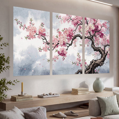 Cherry blossom tree painting set of 3 poster prints in a living room above a console