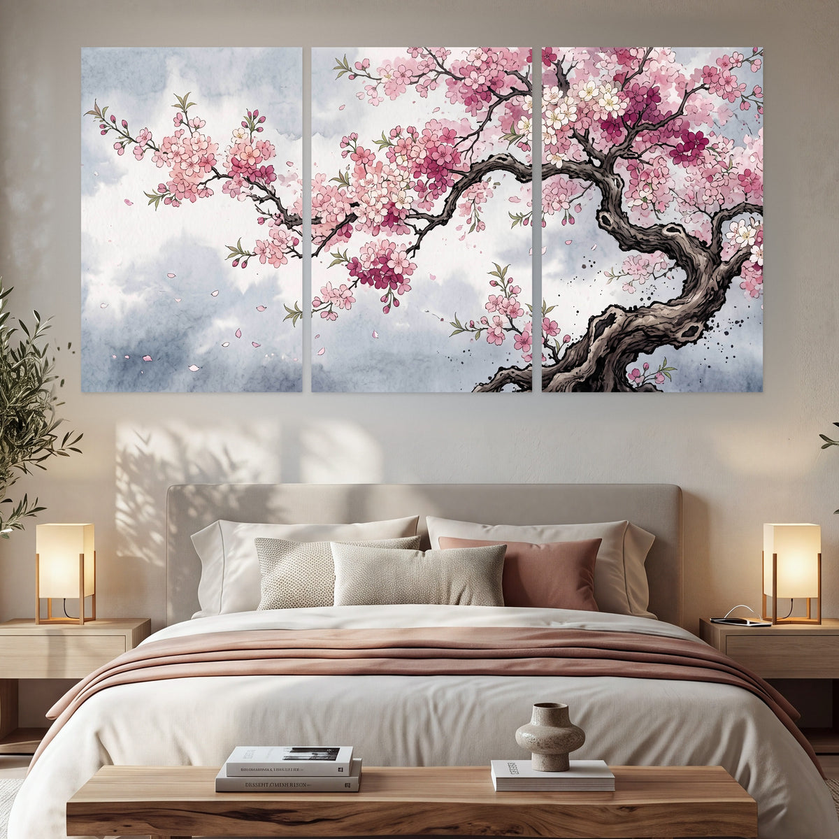 Cherry blossom tree painting set of 3 poster prints in a bedroom above the bed