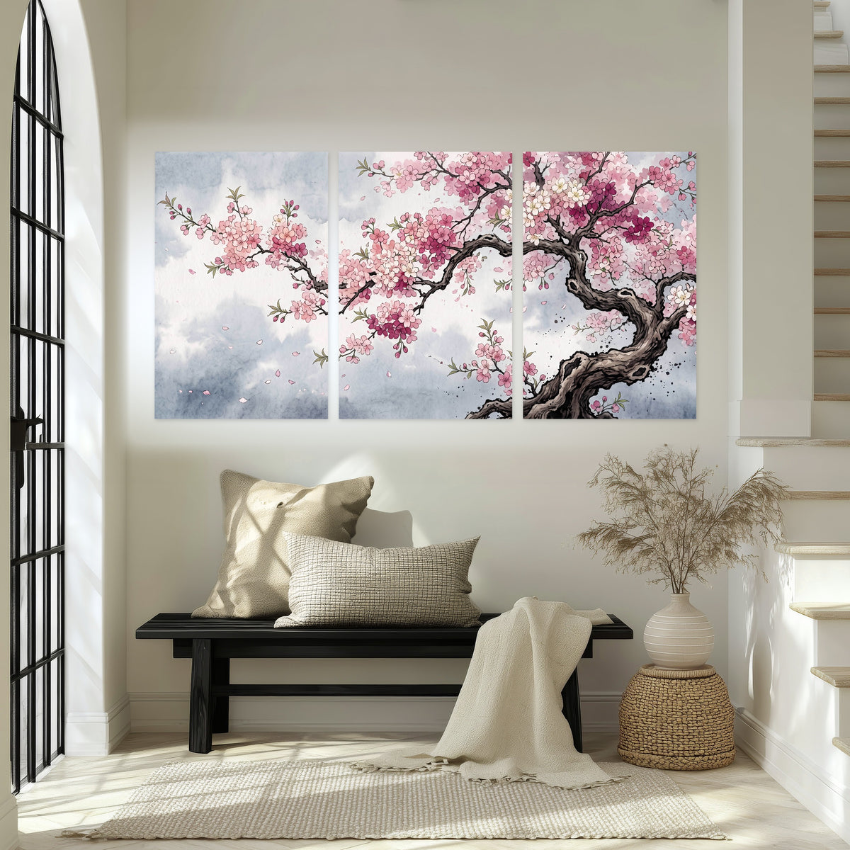 Cherry blossom tree painting set of 3 poster prints in an entryway above a bench