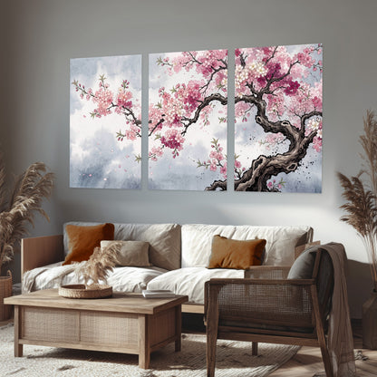 Cherry blossom tree painting set of 3 poster prints in a rustic living room