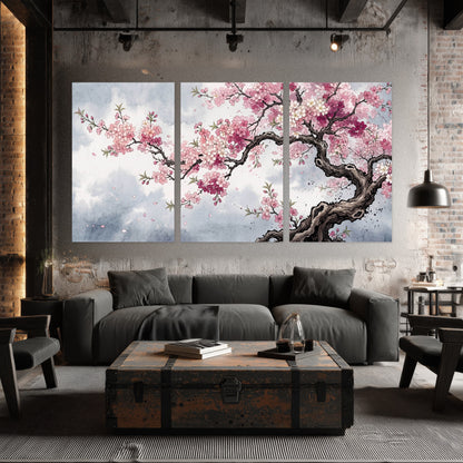 Cherry blossom tree painting set of 3 poster prints in an industrial loft