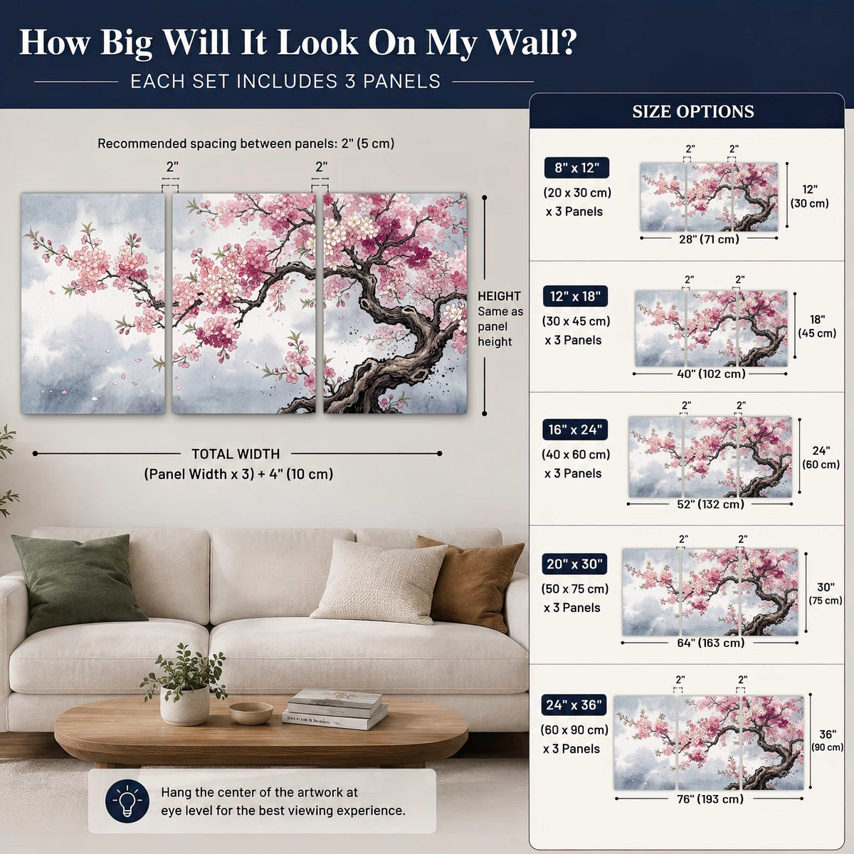 Cherry blossom tree painting set of 3 poster prints size guide above a sofa