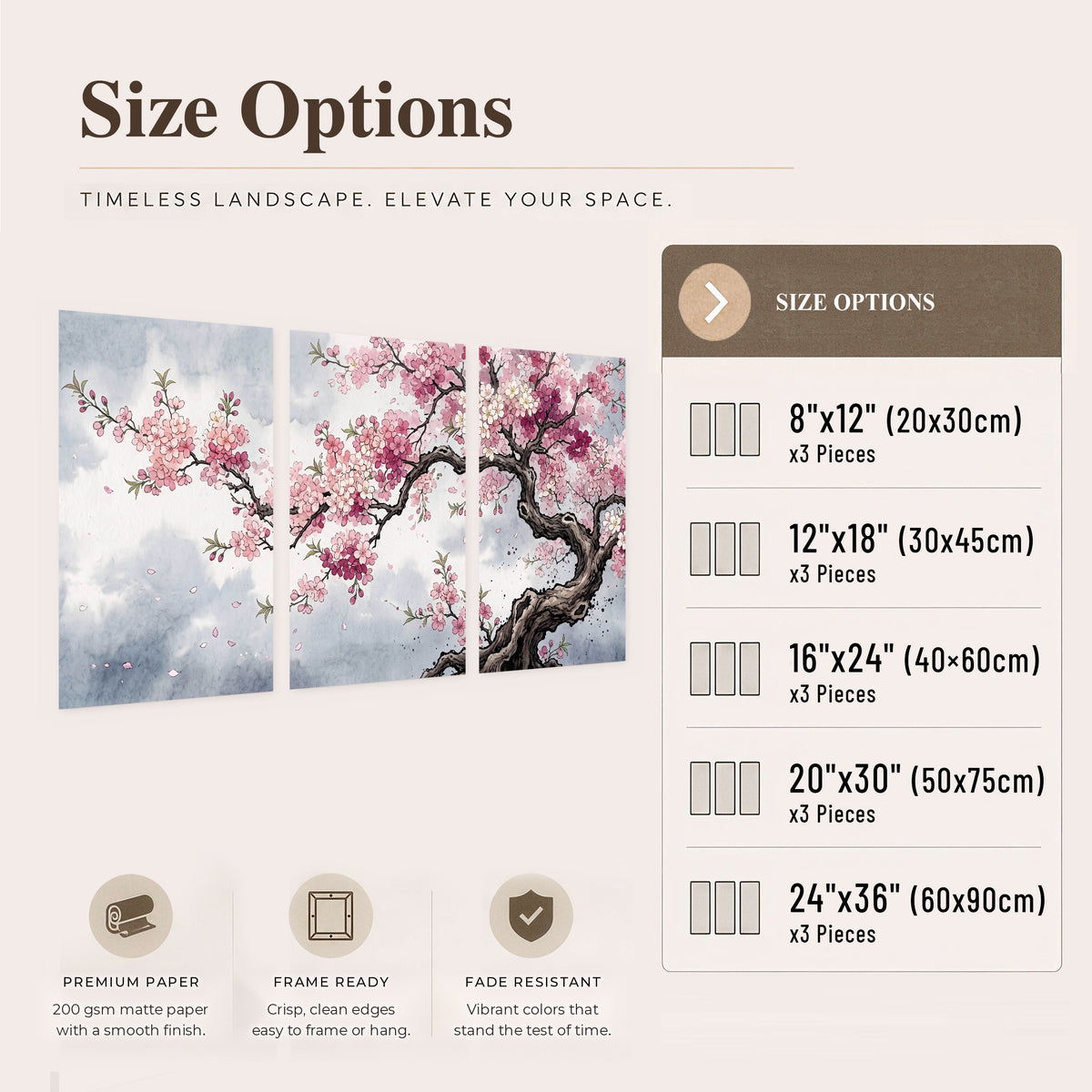 Cherry blossom tree painting set of 3 poster prints size options
