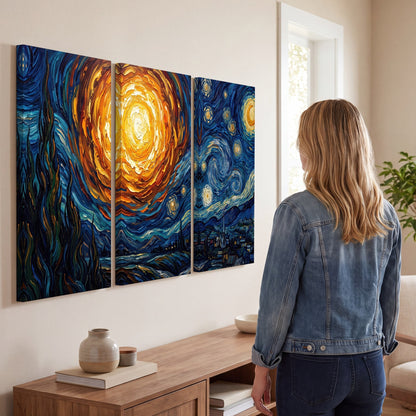 Starry night sky painting 3 piece canvas wall art in a living room