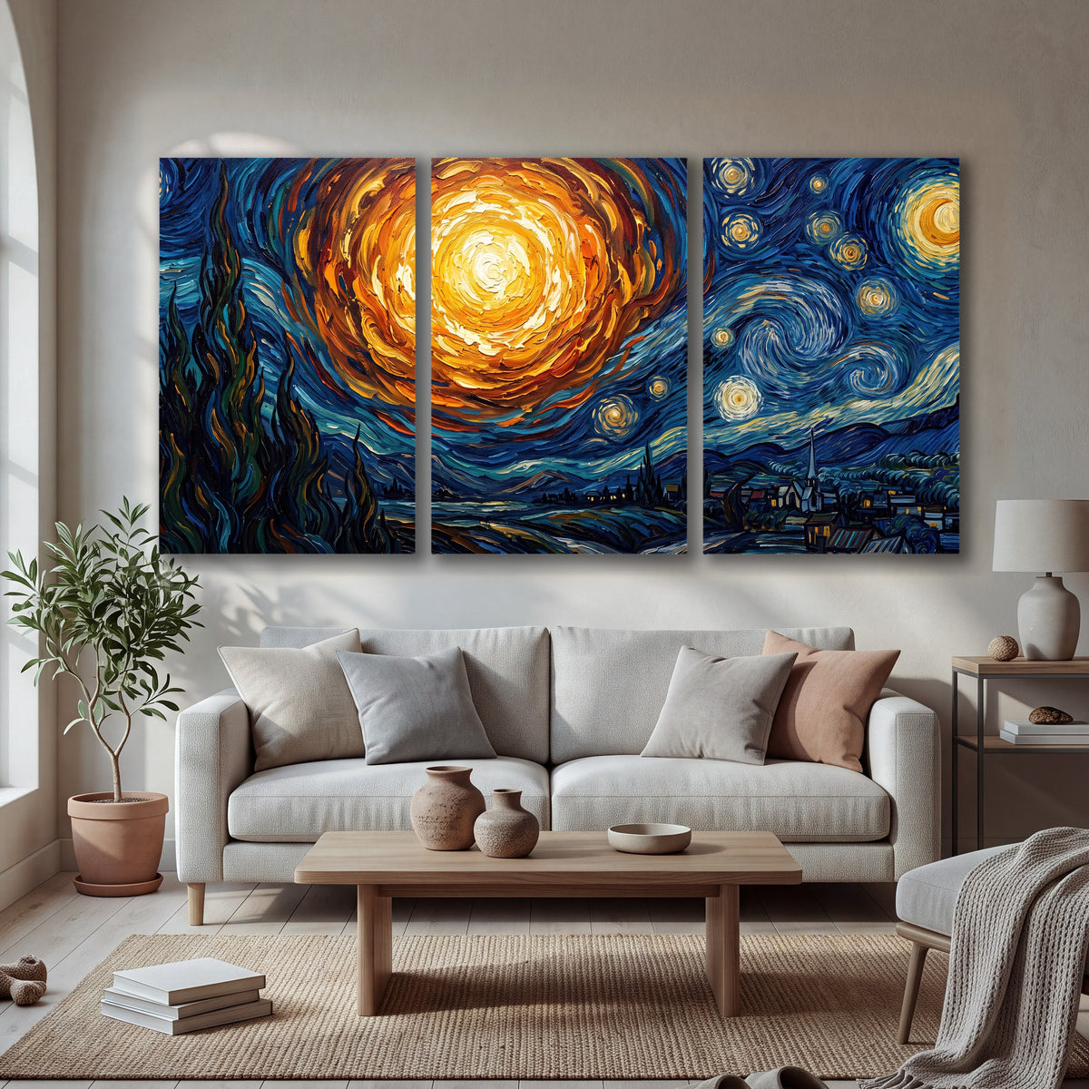 Starry night sky painting 3 piece canvas wall art in a bright living room