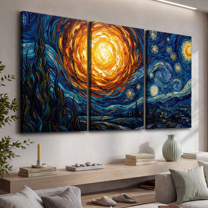 Starry night sky painting 3 piece canvas wall art in a living room above a console