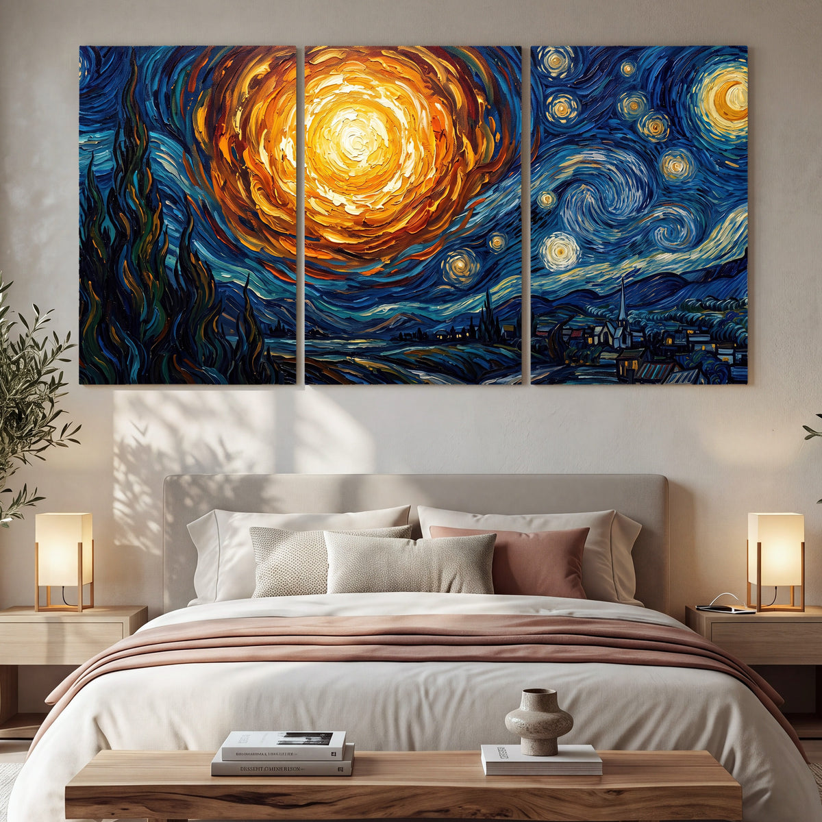 Starry night sky painting 3 piece canvas wall art in a bedroom above the bed