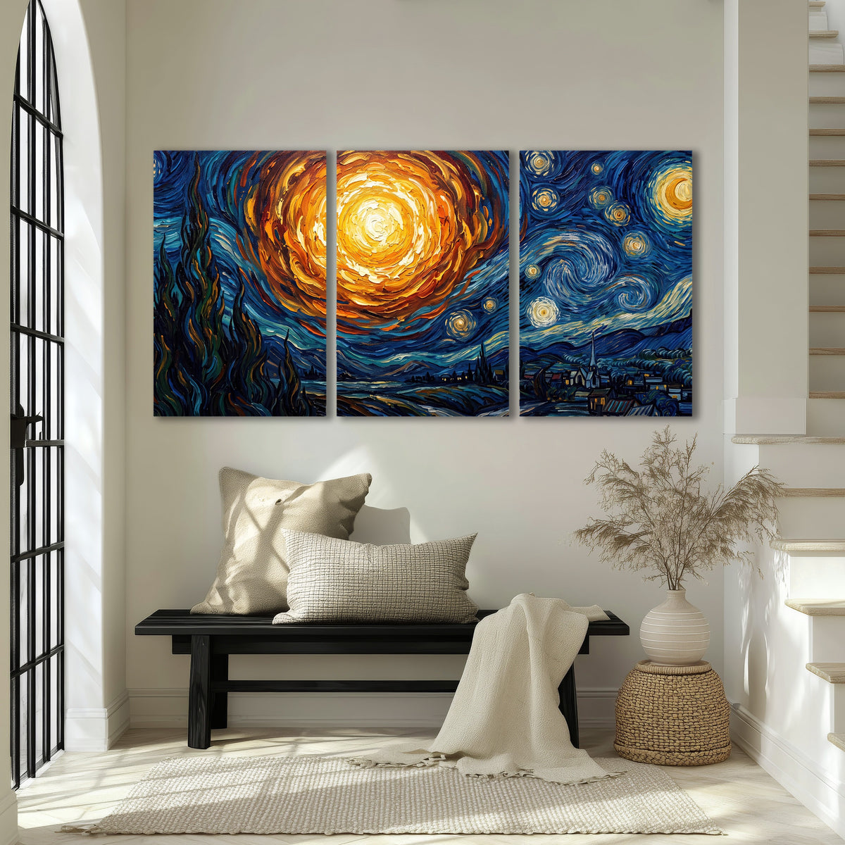 Starry night sky painting 3 piece canvas wall art in an entryway above a bench