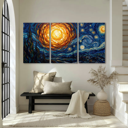 Starry night sky painting 3 piece canvas wall art in an entryway above a bench
