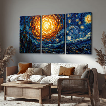 Starry night sky painting 3 piece canvas wall art in a rustic living room