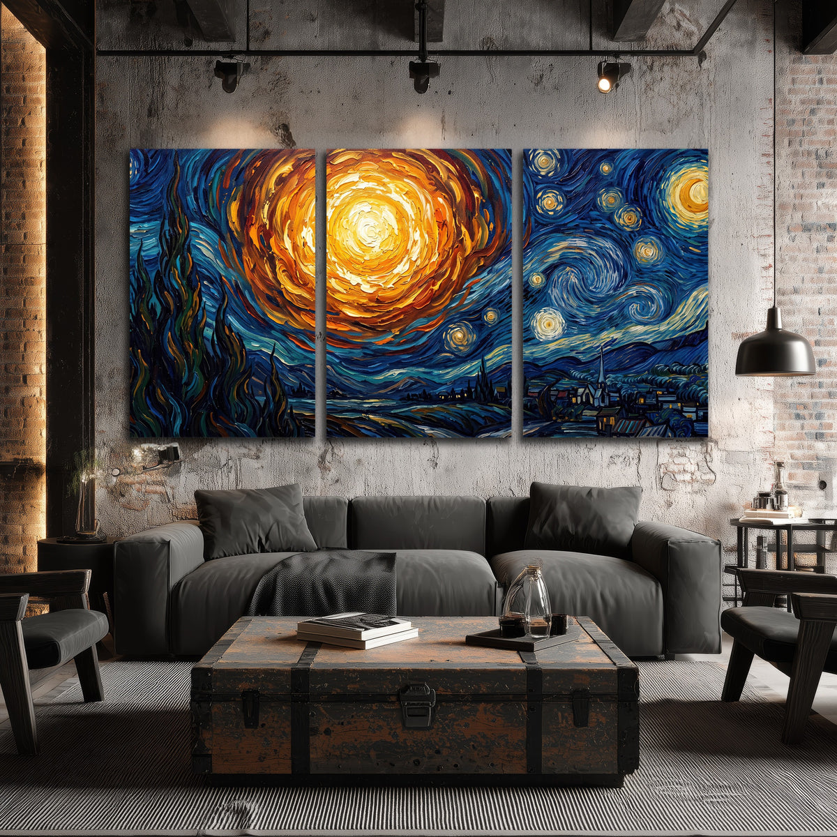 Starry night sky painting 3 piece canvas wall art in an industrial loft