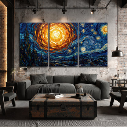 Starry night sky painting 3 piece canvas wall art in an industrial loft