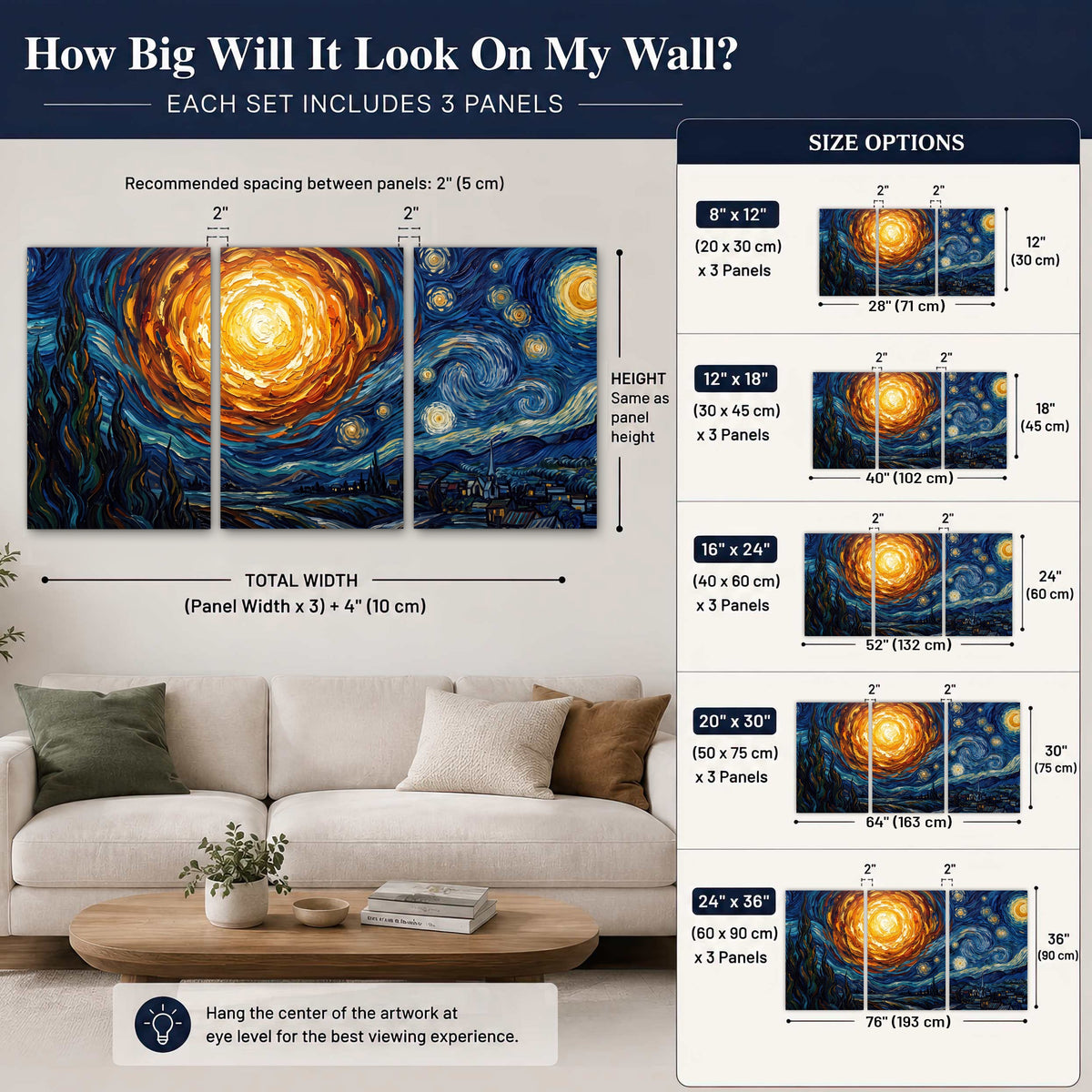 Starry night sky painting 3 piece canvas wall art size guide above a sofa