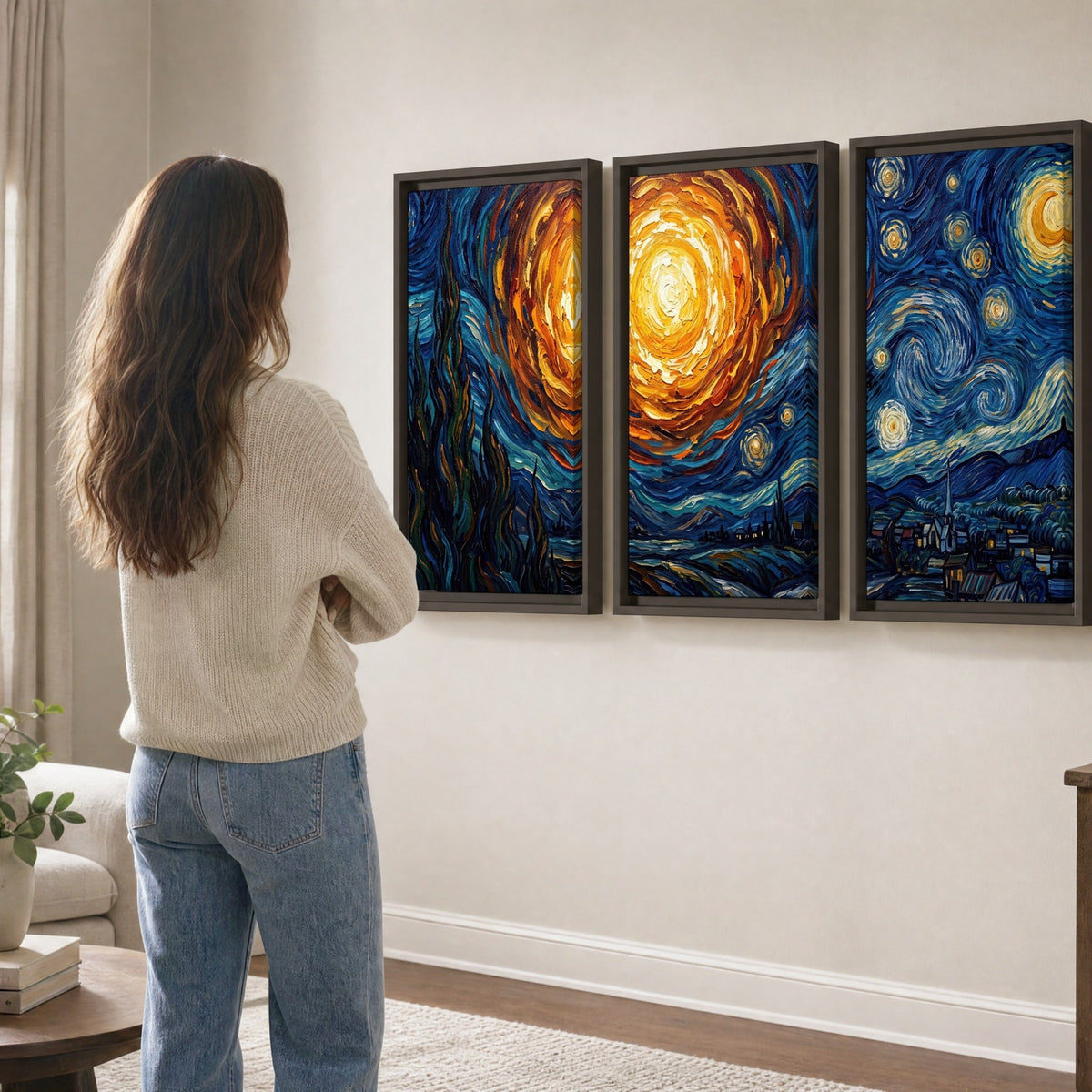Starry night sky painting 3 piece framed canvas in a living room