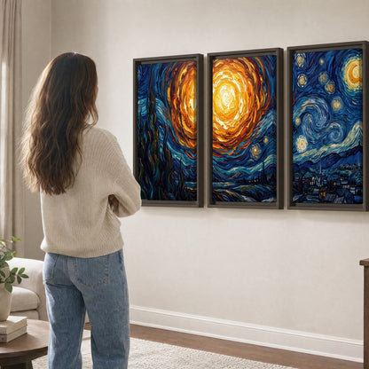 Starry night sky painting 3 piece framed canvas in a living room