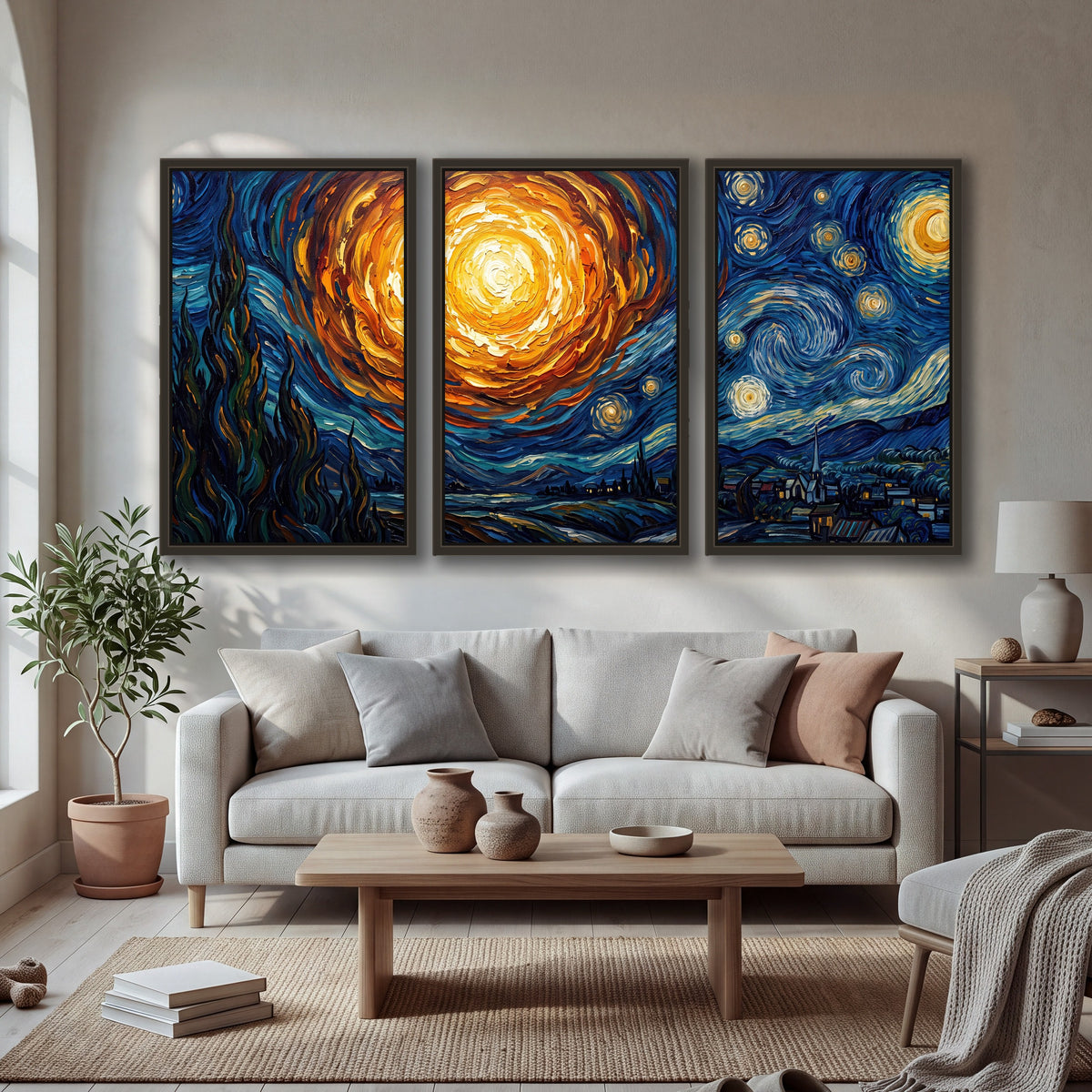 Starry night sky painting 3 piece framed canvas in a bright living room
