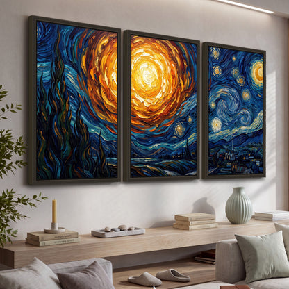 Starry night sky painting 3 piece framed canvas in a living room above a console