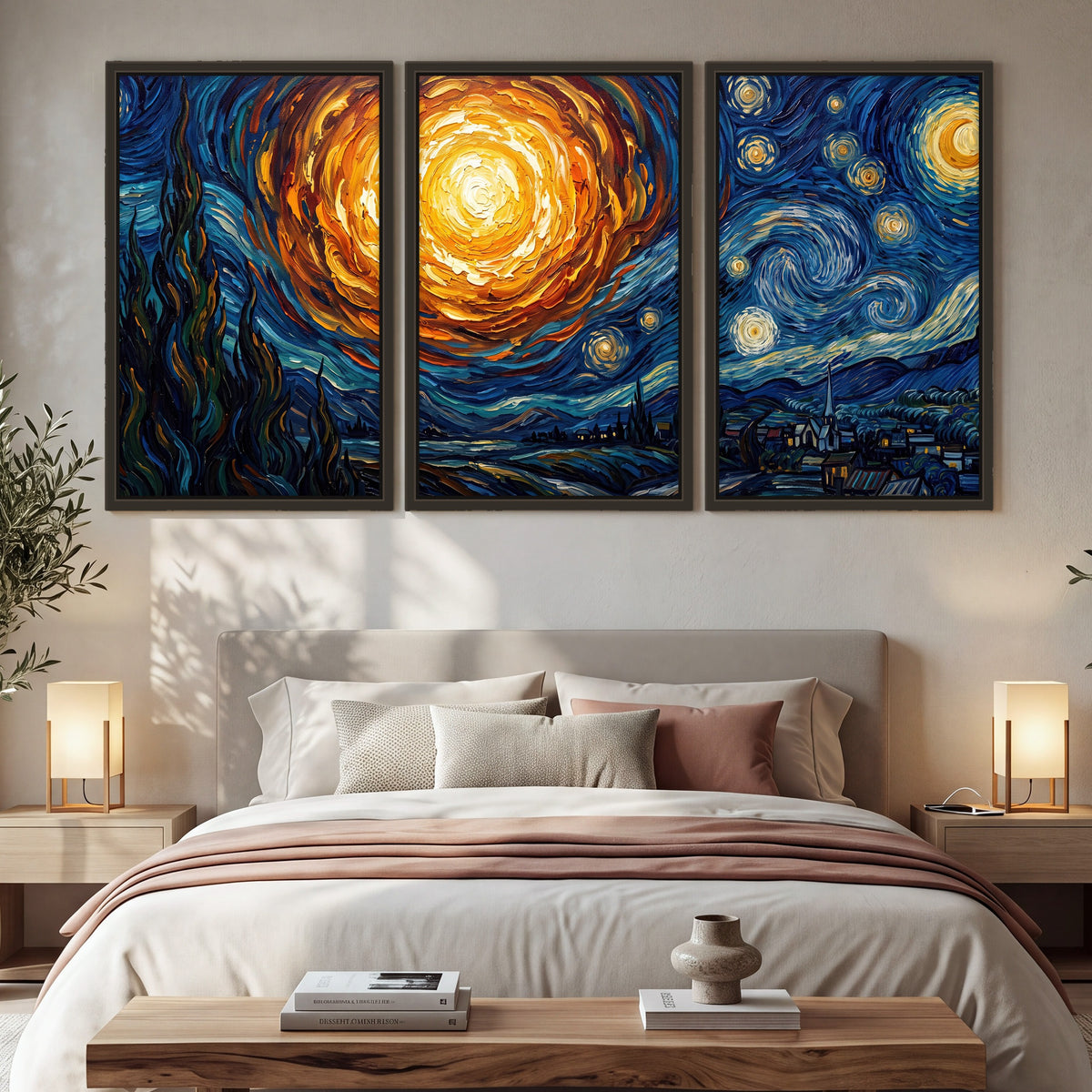 Starry night sky painting 3 piece framed canvas in a bedroom above the bed
