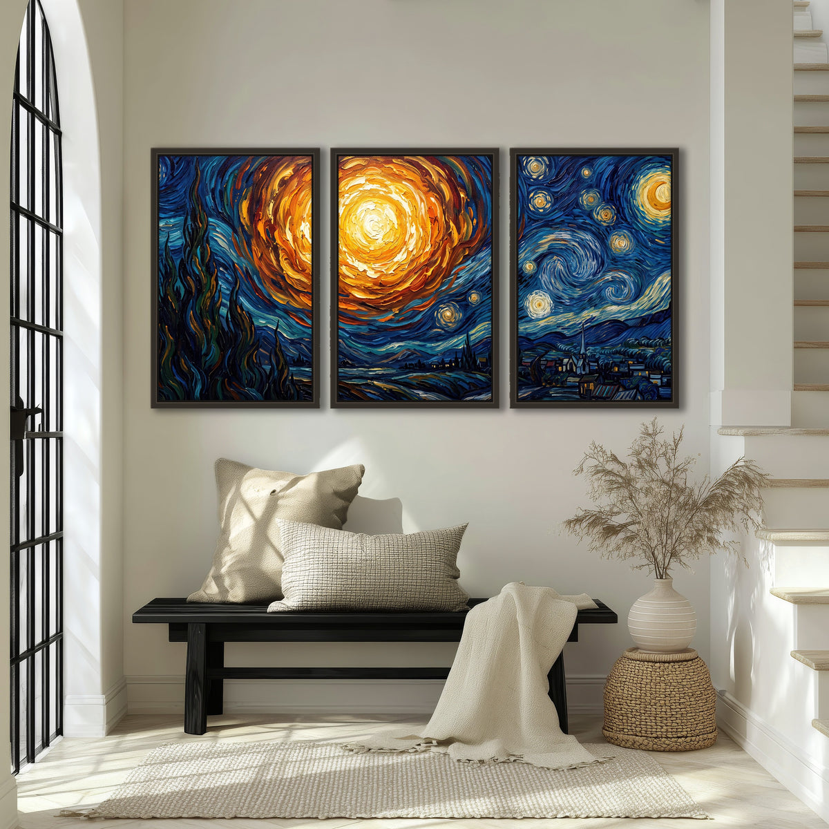 Starry night sky painting 3 piece framed canvas in an entryway above a bench