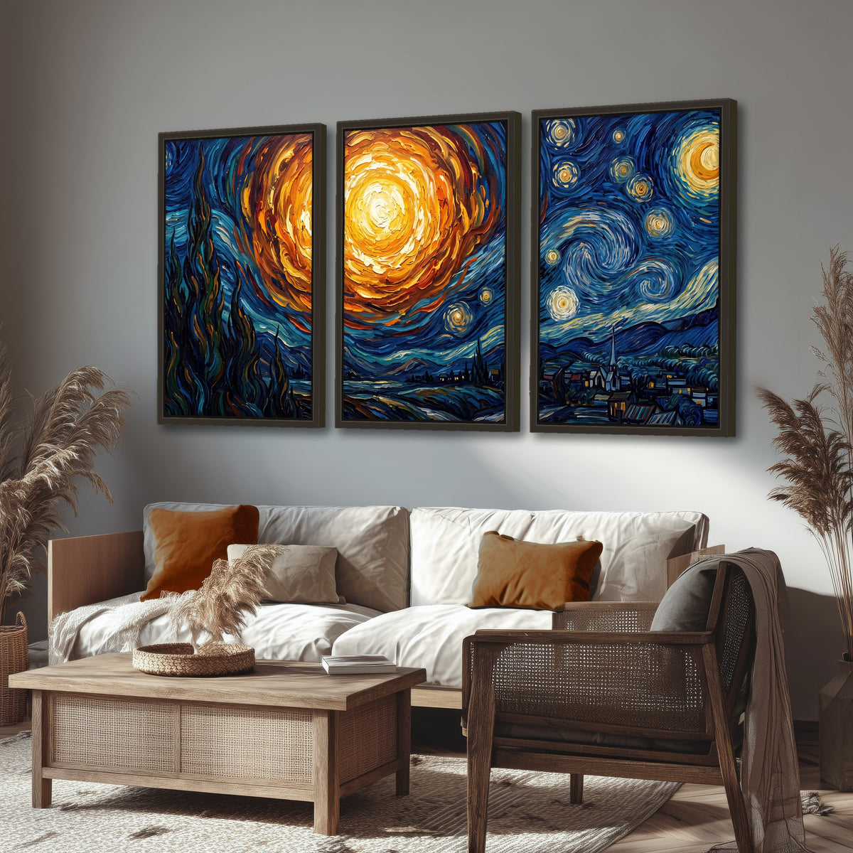 Starry night sky painting 3 piece framed canvas in a rustic living room