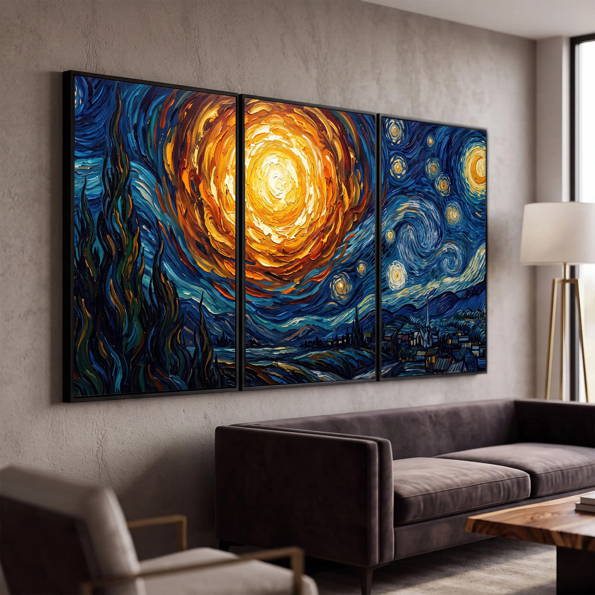Starry night sky painting 3 piece framed canvas in a modern living room