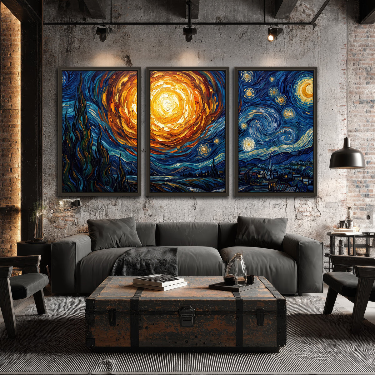 Starry night sky painting 3 piece framed canvas in an industrial loft