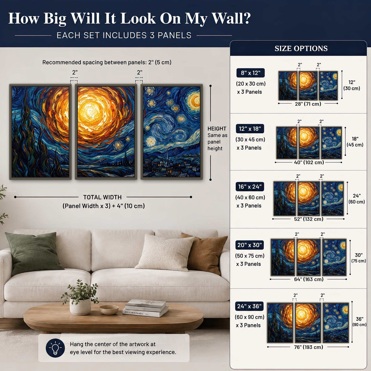 Starry night sky painting 3 piece framed canvas size guide above a sofa