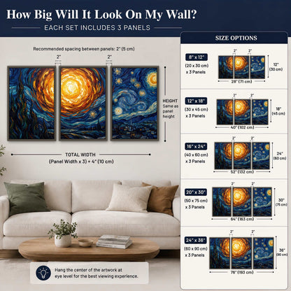 Starry night sky painting 3 piece framed canvas size guide above a sofa