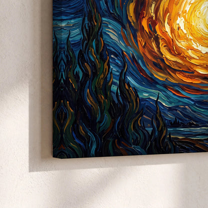 Starry night sky painting canvas print close-up showing the gallery-wrapped edge