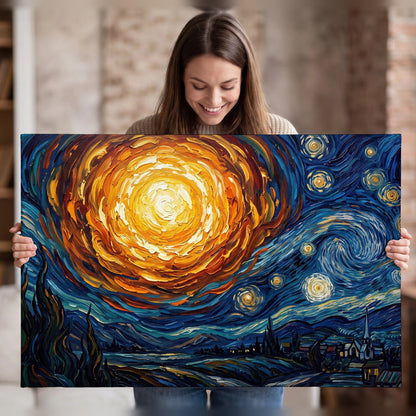 Starry night sky painting canvas wall art held in hands