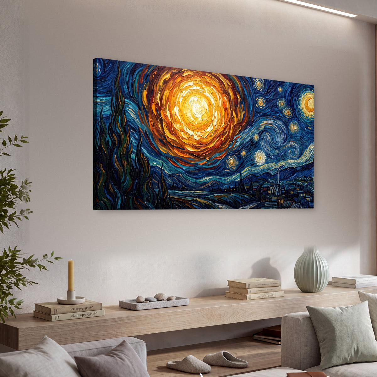 Starry night sky painting canvas wall art in a living room above a console