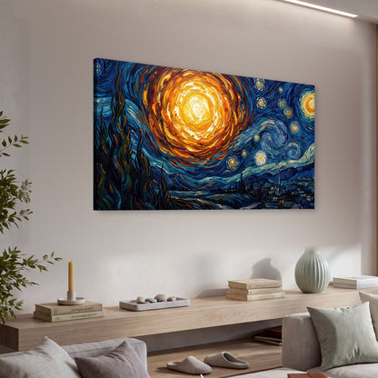 Starry night sky painting canvas wall art in a living room above a console