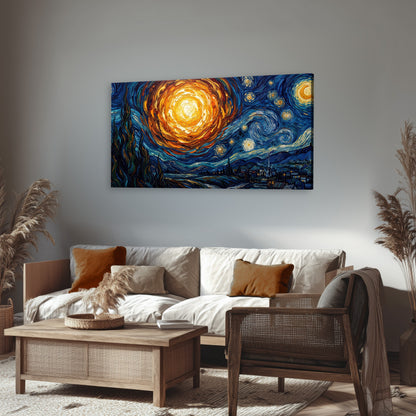 Starry night sky painting canvas wall art in a rustic living room