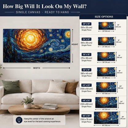 Starry night sky painting canvas wall art size guide above a sofa