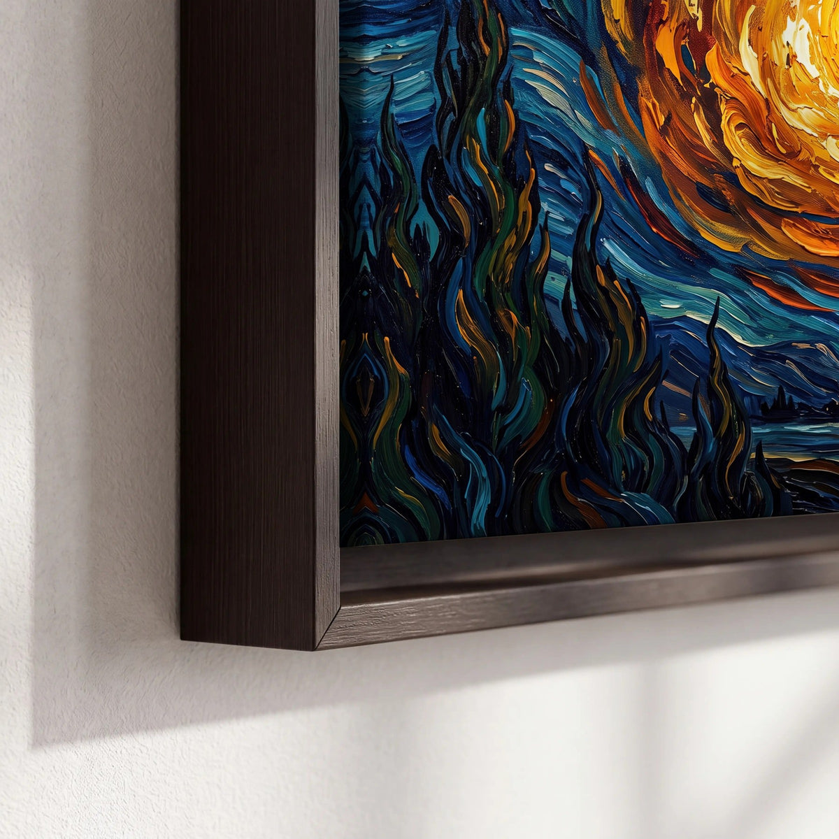Starry night sky painting framed canvas close-up showing the floating frame