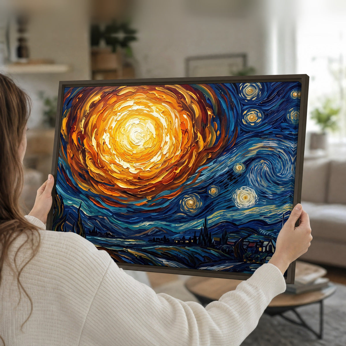 Starry night sky painting framed canvas held in hands