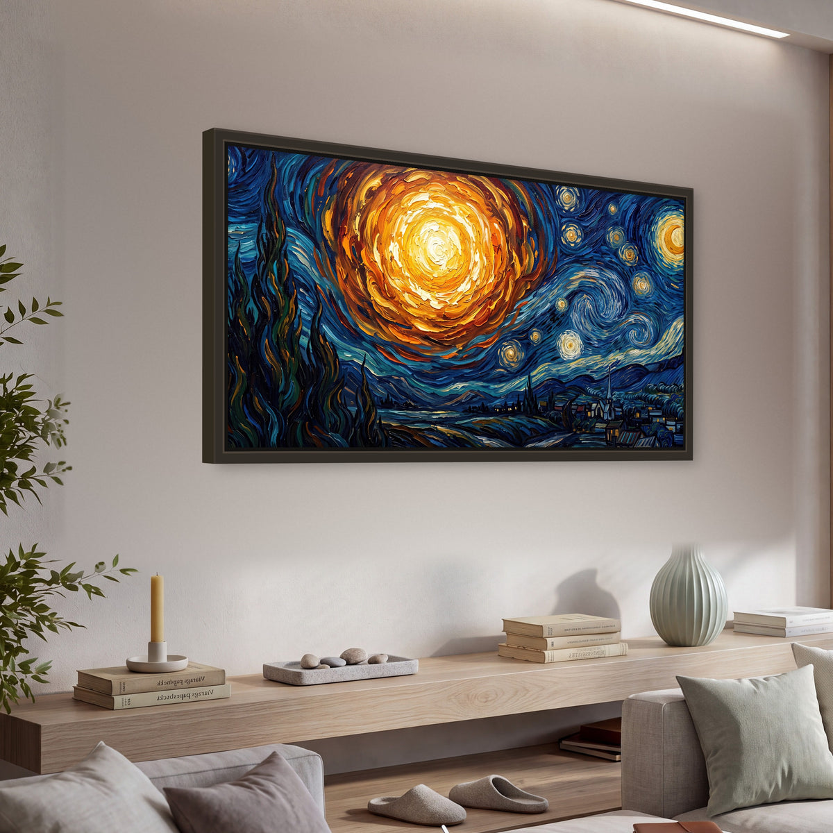 Starry night sky painting framed canvas wall art in a living room above a console