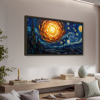 Starry night sky painting framed canvas wall art in a living room above a console