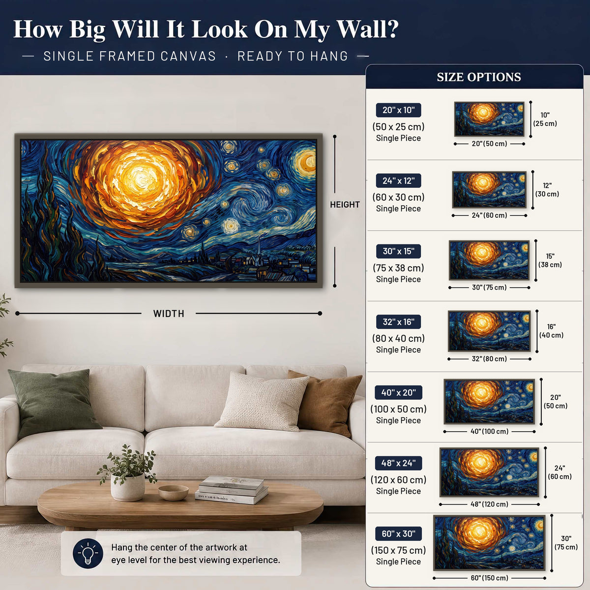 Starry night sky painting framed canvas wall art size guide above a sofa