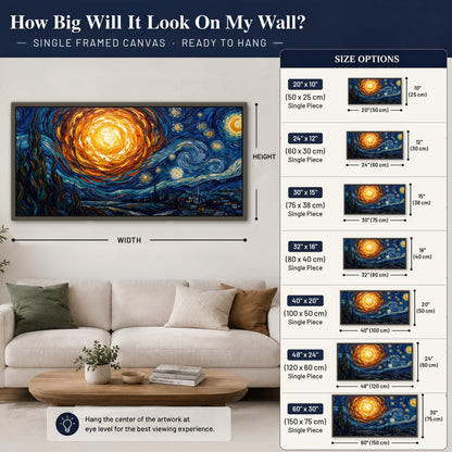 Starry night sky painting framed canvas wall art size guide above a sofa