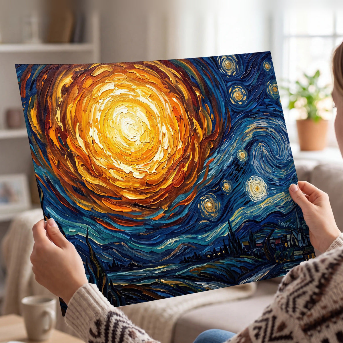Starry night sky painting poster print held in hands