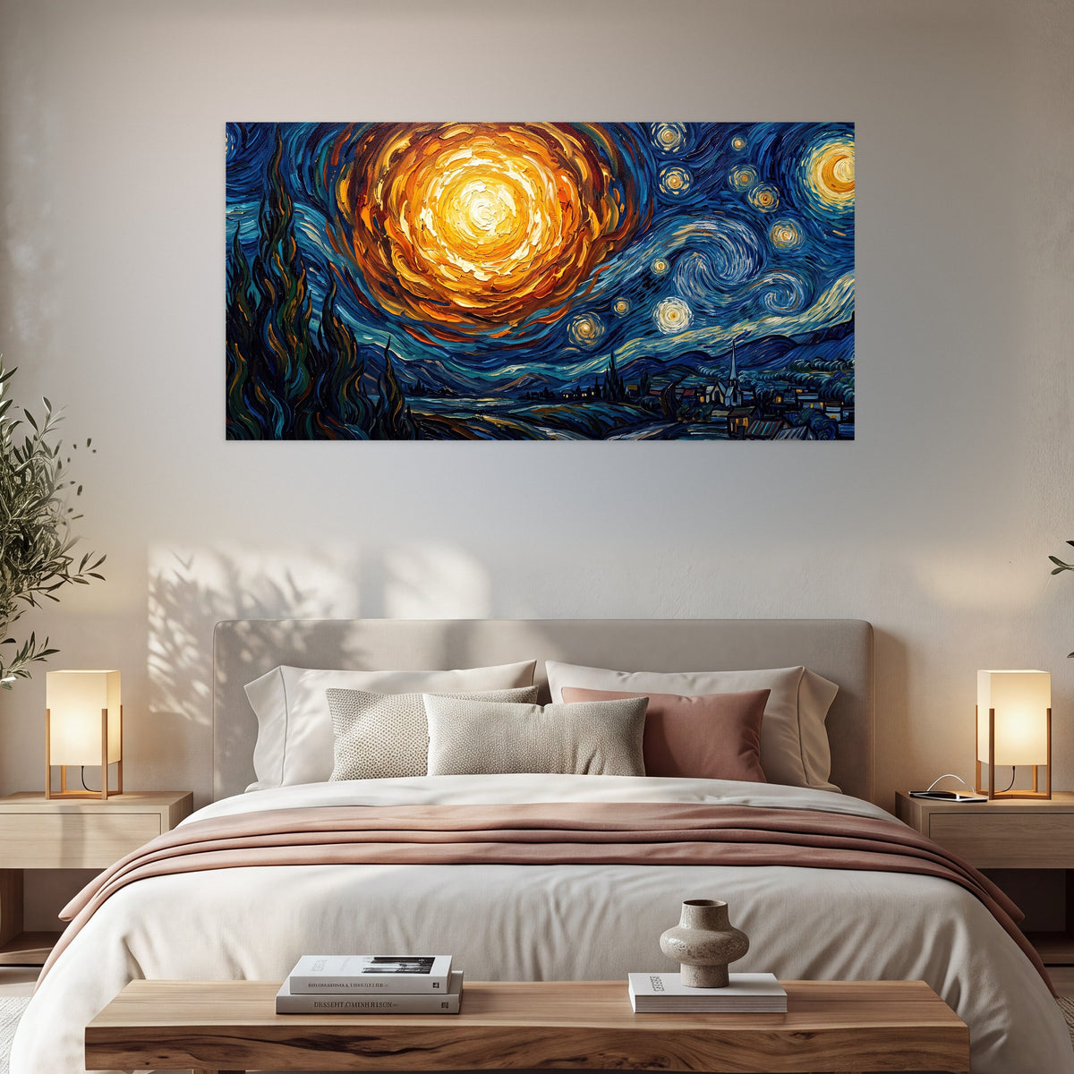 Starry night sky painting poster print in a bedroom above the bed