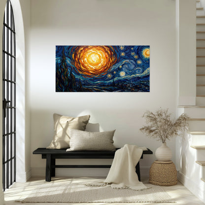 Starry night sky painting poster print in an entryway above a bench