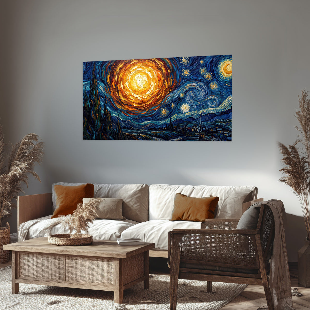 Starry night sky painting poster print in a rustic living room