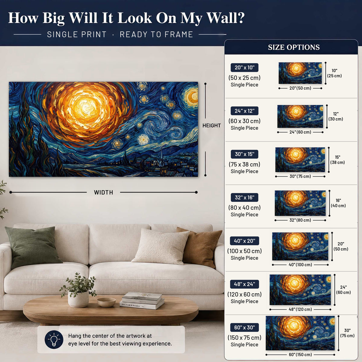 Starry night sky painting poster print size guide above a sofa